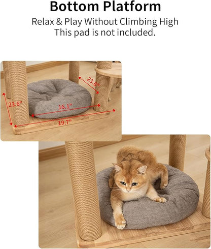 74" Wooden Cat Tree Tower for Large Cats, Multi-Level Cat Climbing Furniture with Scratching Posts, Cat Condo & Hammock, Natural Wood Cat Activity Center(Brown)