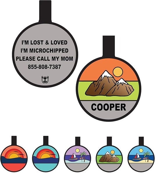 Silent Dog Tag Personalized with 5 Lines of Custom Deep Engraved Durable Soundless Silicone Pet ID Name Tag Round Mountain Orange