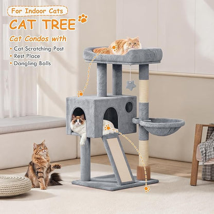36-Inch Cat Tree Tower for Small and Medium Indoor Cats, Multi-Level Cat Furniture with Sisal Scratching Posts, Hammock, Condo & Scratching Board, Light Gray