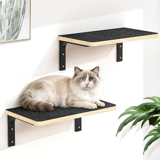 2PCS Cat Wall Shelves with Felt Board,17x9.85 Inch Solid Wood Cat Wall Furniture, Wall Mounted Cats Shelves for Sleeping, Climbing and Scratching