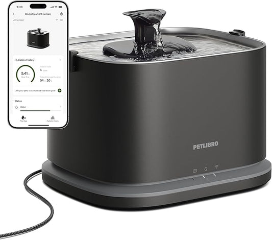 PETLIBRO Upgrade Cat Water Fountain Stainless Steel Tray, Dockstream 2 Cat Fountain Indoor, 3L/101oz Auto Cat Fountains for Drinking, App Monitoring Pet Water Fountain Dog, 5G WiFi Cat Water Dispenser