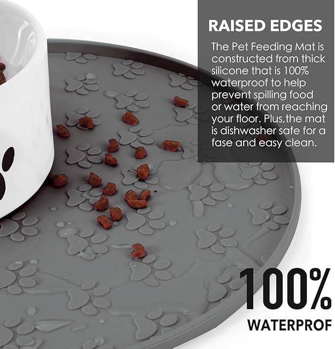 Dog Food Mat for Food and Water, Waterproof Pet Food Mat with Edges, Nonslip Dog Feeding Mat for Protecting Floors (1Pack Grey)