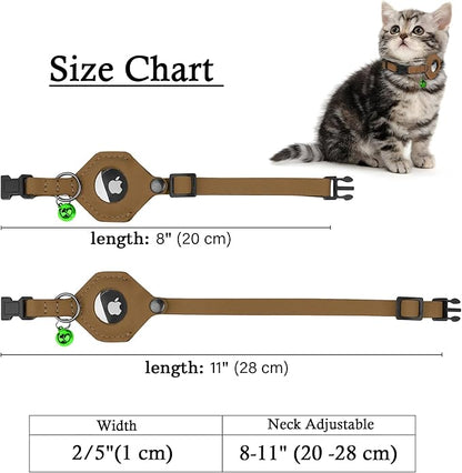 Breakaway Airtag Cat Collar with Removable Bell - Leather Pet Collar with Apple Air Tag Holder - Adjustable GPS Collars for Girl Boy Cats Kitten Puppy - Lightweight, Cute and Comfortable (Brown)
