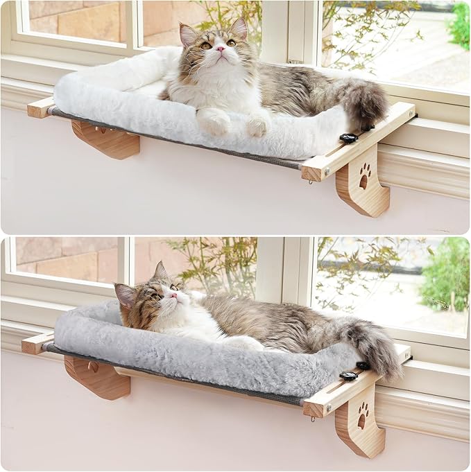 AMOSIJOY Cat Sill Window Perch Sturdy Hammock Seat with Cushion Bed Cover, Wood & Metal Frame for Large Cats, Easy to Adjust Windowsill, Bedside, Drawer and Cabinet (L)