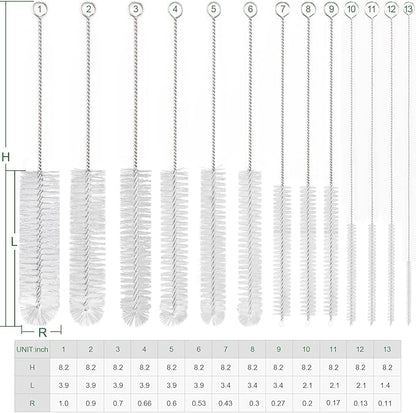 CiaraQ Bottle Cleaning Brushes, 8 Inch Nylon Tube Brush Set, Cleaner for Narrow Neck Bottles Cups with Hook, Set of 13pcs, White