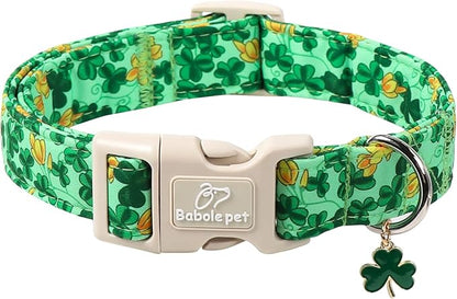St. Patrick's Day Dog Collar for Large Dogs - Green Shamrock & Yellow Flower Print Dog Collars, Cute Irish Party Puppy Collar, Lightweight Adjustable St. Patricks Day Pet Collars L