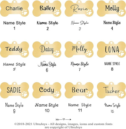 Ultra Joys Dog Tags Personalized for Pets - Hollow Paw Custom Pet ID Tag - Engraved Dog Tag for Small, Large Dogs - Large Bone in Gold