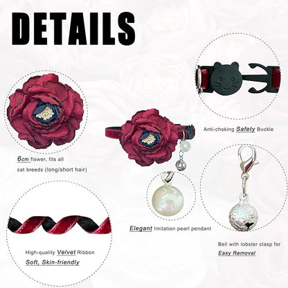 Fupo Cat Collars for Girl Cats - Floral Cat Collar Breakway Kitten Collar with Bell for Small Female Cats Puppies (Red)