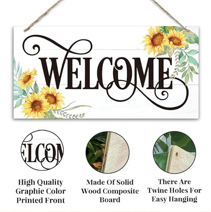 Welcome Sign for Front Door, Welcome Decor Wooden Hanging Sign for Wall Decor, Sunflower Pattern Signs, Rustic Funny Wooden Outdoor Front Door Hanging Decoration 13.8X6.9 inches