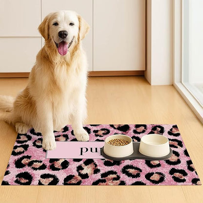 Puppy Feeding Mat 20x12 inch Pink Leopard Print Dog Bowl Placemat Non Slip Mat for Pet Food and Water Small Dogs Indoor Feeding Station Puppy Pet Placemat for Kitchen and Dining