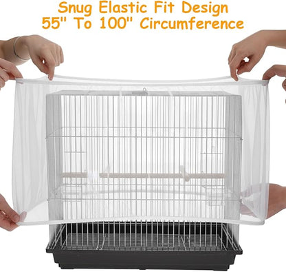 Bird Cage Seed Catcher, Adjustable White Bird Cage Net Birdcage Cover Skirt Nylon Mesh Netting, Stretchy Birds Cages Guard for Parrot Parakeet Macaw African Any Cages Cover