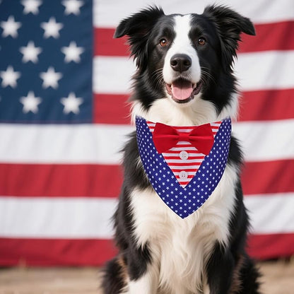 ADOGGYGO American Flag Dog Tuxedo Bandana, Red Blue Pet Tux with Bowtie Adjustable 4th of Julty Bandana Costume for Large Dogs Pets (L)