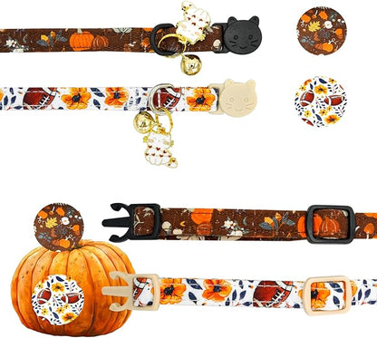 Elegant little tail Fall Cat Collar-2 Pack Pumpkin with Rugby Print Cotton Breakaway Cat Collars with Bell Pendant Kitten Boy Girl Safety Adjustable Collar for Small Cats Puppy
