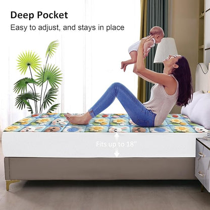 Waterproof Mattress Protector King, Fitted Sheet Style Breathable Mattress Cover with Deep Pocket Fits Up to 18'', Noiseless Bed Cover for Kids Adults Pets, Machine Washable (Squares, 76'' X 80'')