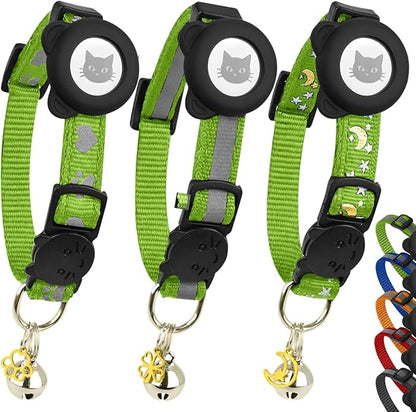 Cat Collar with AirTag Holders, 3-Pack, Reflective Breakaway Safety Collars, Bells and Matching Charms, Adjustable, Paw Hearts, Moon Stars Design, Lucky Charm, Red, Blue, Black (Green)