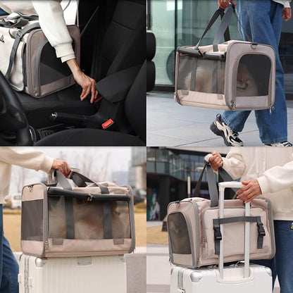 Small Dogs Carriers Airline Approved Khaki Softside Cats Carrier Travel Bag for Medium Large Cats,Puppies,with Large Pocket,Sunshade Curtains,Privacy Protection,Breathable,Outdoor