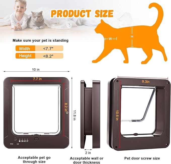 Smart Cat Door with 3 Collar Sensor, RFID Cat Door Collar Activated with Remote Control, 4 Way Locking Cat Flap Automatic Pet Door (Brown)