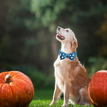 Halloween Dog Collar, Ghost Print Adjustable Pet Collar Blue Cute Cotton Soft Collars with Bow Tie Fall Metal Buckle Holiday Puppy Collars Boy&Girl Gift for X-Large Dogs