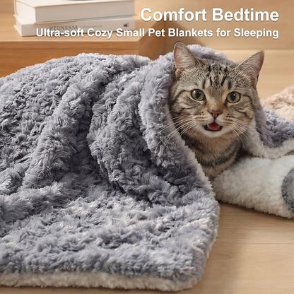 Cat Blanket for Indoor Cats - Ultra Thick 460GSM Faux Rabbit Fur & 260GSM Sherpa, Small Pet Throw for Carrier, Crate & Couch Protection, Soft Thermal Kitten Bedding, 21"x18" Grey
