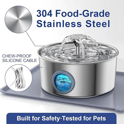 Stainless Steel Cat Water Fountain with Silicone Mat & 2 Filters, 108oz/3.2L Automatic Pet Water Dispenser for Cats Dogs, Quiet Indoor Metal Drinking Bowl, Dog Fountains, Waterer