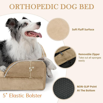 Comfort Expression Orthopedic Dog Bed for Extra Large Dogs 45x35 Inch, Waterproof Egg Crate Foam XL Pet Bed with Removable Bolsters, Dog Couch with Washable Cover & Non-Slip Bottom, Light Brown