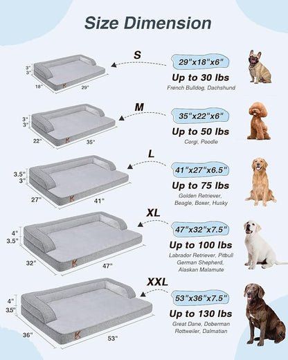 KSIIA Washable Dog Bed XXL Senior Dog, Orthopedic Warm Soft Pet Sofa Waterproof Pet Couch with Sides, Non-Slip and Egg-Crate Foam Jumbo Beds with Removable Cover, 47x32Inch, Grey