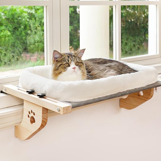 AMOSIJOY Cat Sill Window Perch Sturdy Hammock Seat with Cushion Bed Cover, Wood & Metal Frame for Large Cats, Easy to Adjust Windowsill, Bedside, Drawer and Cabinet (L)