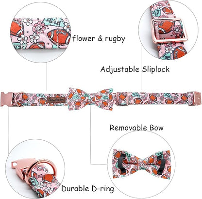 Dog Collar - Rugby with Flower Pet Collar Bows for Dogs Bowtie Pet Collar Adjustable Dog Collar Girl Boy Puppy Collar for Large Dogs