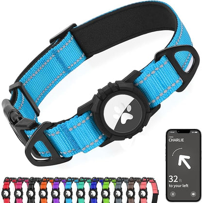 Joytale Airtag Dog Collar, Reflective Pet Collar with Waterproof AirTag Holder, Dual D-Rings, Soft Padded Adjustable for Large Dogs, SkyBlue, L
