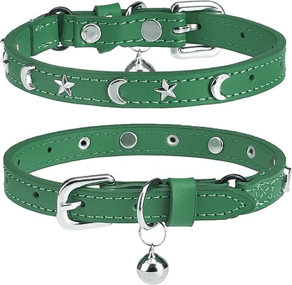 Leather Cat Collars for Boy Girl Cats with Bell and Safety Elastic Belt, Personalized Star and Moon Stud Adjustable Safe Buckle Collar for Kitty Small Big Cats Size 8-12 Inch, Green