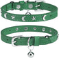 Leather Cat Collars for Boy Girl Cats with Bell and Safety Elastic Belt, Personalized Star and Moon Stud Adjustable Safe Buckle Collar for Kitty Small Big Cats Size 8-12 Inch, Green