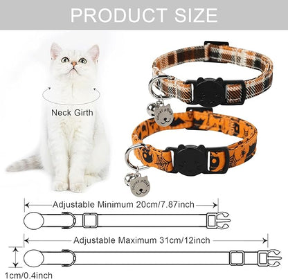 Lionet Paws 2pcs Pack Cotton Cat Collar,Breakaway Buckle with Halloween and Brand Pendant Cute Adjustable Cat Kitten Collar,Ideal for Girl Cats