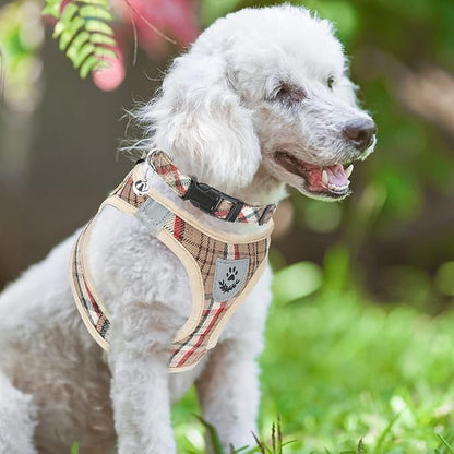 PUPTECK Adjustable Dog Harness Collar and Leash Set Step in No Pull Pet Harness for Small Medium Dogs Puppy and Cats Outdoor Walking Running, Soft Mesh Padded Reflective Vest Harnesses, Khaki XS