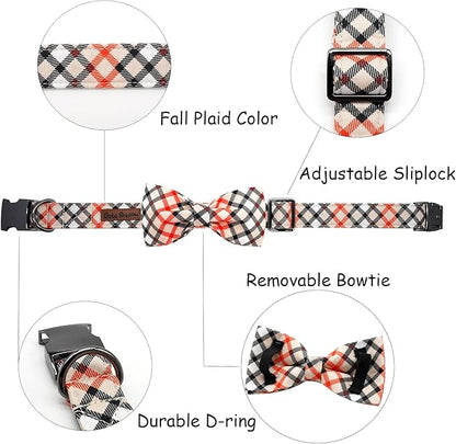 Dog Collar, Bow Dog Collar Beige Plaid Pet Collar Cute Pet Bow Soft Girl or Boy Puppy Collars with Metal Buckle Adjustable Collars for X-Small Dogs