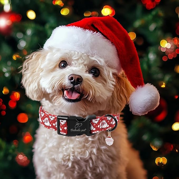 Christmas Dog Collar - Cute Red Santa Christmas Puppy Collar with Safety Buckle, Soft Adjustable Holiday Dog Collars for Small Medium Large Dogs M