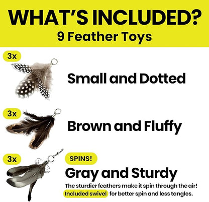 Feather Toys Replacements (9 Pc) - Cat Toys & Kitten Toys for Indoor Kittens, Set of Replacement Feather Attachments Extra Small and Durable, for Cat Wands, Natural and Safe, Cat Lures