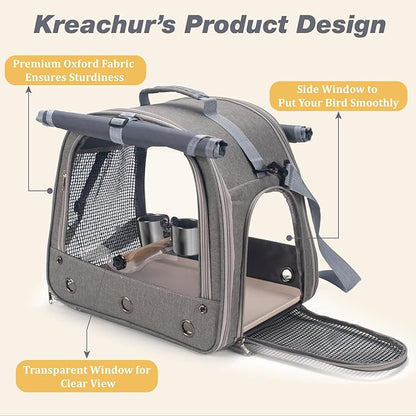 Bird Carrier Parrot Travel Cage with Perch, Food Bowl, Tray and Breathable Clear Window, Bird Travel Bag for African Gray Cockatiel Caique Conure Quaker, for Vetting Camping Hiking (Gray)