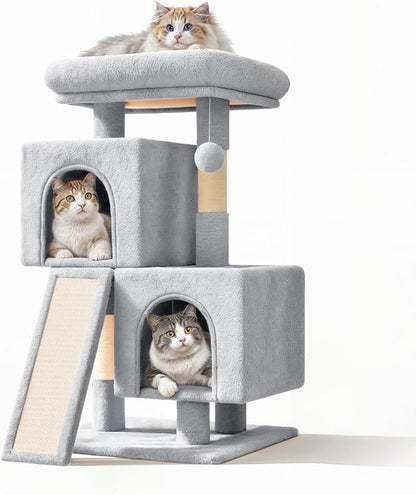 34'' Small Cat Tree with 2 Condos, Sisal Scratching Posts & Board, Multi-Level Climbing Tower for Indoor Cats, Sturdy Light Grey Cat Activity Center - Light Gray