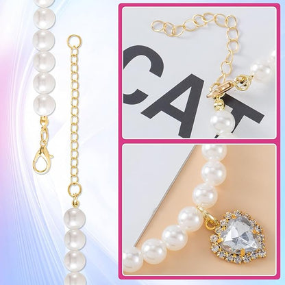 2pcs Cat Pearl Collar with Heart Pendant, Cute Pearl Pet Necklace in Small, Adjustable Wedding Party Small Dog Jewelry Accessories for Puppy Kitten- White & Red