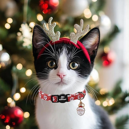2 Pack Christmas Cat Collars - Breakaway Cat Collar with Bell, Christmas Tree and Santa Pendant, Winter Adjustable Kitten Collars for Girl Boy Cats, Pink&Red