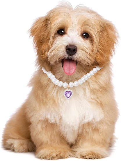 2pcs Cat Pearl Collar with Heart Pendant, Cute Pearl Pet Necklace in Small, Adjustable Wedding Party Small Dog Jewelry Accessories for Puppy Kitten- Pink & Purple