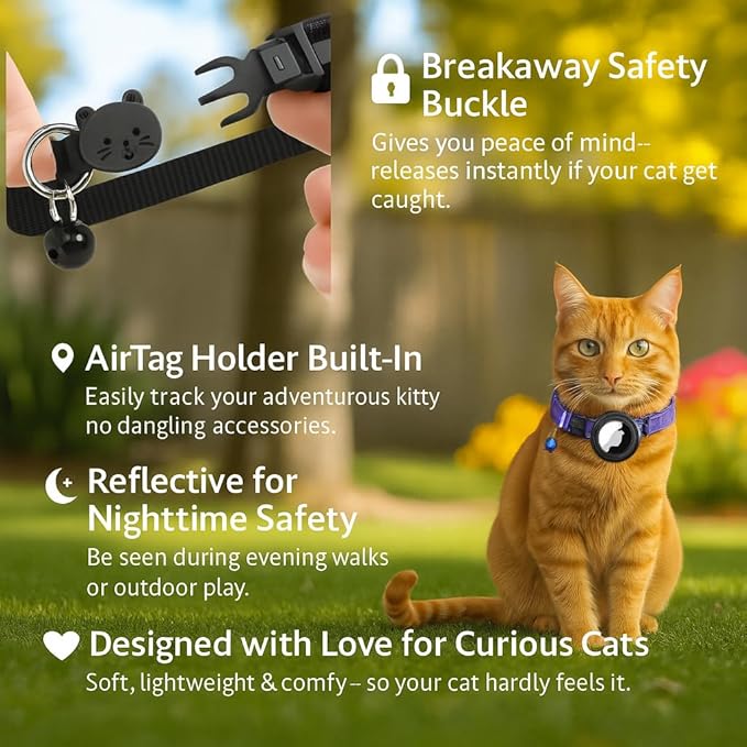 Pink AirTag Cat Collar – Breakaway Reflective Nylon Kitten Collar with Apple AirTag Holder & Bell, Adjustable 1cm Cat Collar for Girls & Boys (Fits 8.66–13.78 in)