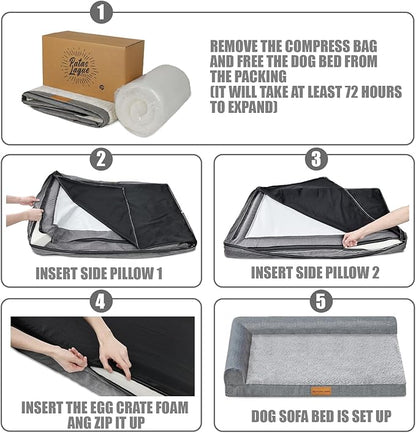 Patas Lague Orthopedic Jumbo Dog Bed for Extra Large Dogs 56''X40'', Waterproof L Bolster Pet Sofa Beds with Removable Washable Cover, Soft Comfortable Pet Couch Crate Mat with Nonskid Bottom, Black