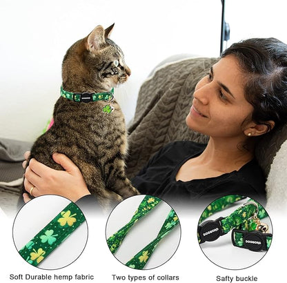 2 Pack St.Patrick's Day Kitten Collars,DOGWONG Cute Shamrock Breakaway Kitty Collars,Spring Green Trefoil Cat Collar with Bell, Lucky Clover Kitten Collars for Girl & Boy Cats
