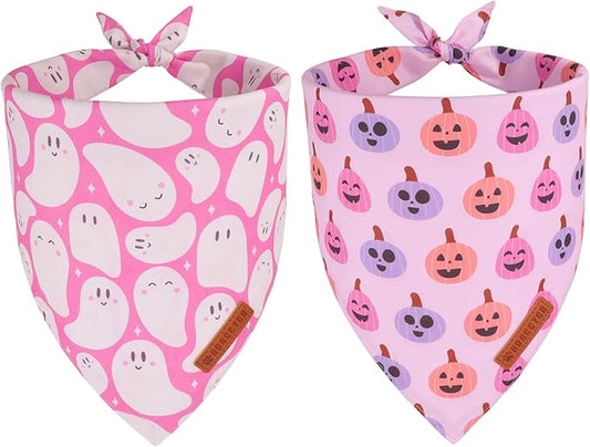 ADOGGYGO Pink Halloween Dog Bandanas 2 Pack, Reversible Ghost Pumpkin Scarf Bib, Adjustable Fit Pink Halloween Bandana for Medium Large Dogs Girl (Large)