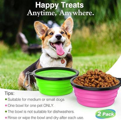 Pawaboo Collapsible Dog Bowls 2 Pack, Silicone Feeding Watering Bowls with Lids & Carabiners for Dogs Cats, Portable Water Feeder Food Bowl for Walking Traveling Home Use, 1000ml, Pink + Green