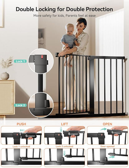 COMOMY 30" Tall Baby Gate for Stairs Doorways, Fits Openings 29.5" to 46" Wide, Auto Close Extra Wide Dog Gate for House, Pressure Mounted Easy Walk Through Pet Gate with Door, Black