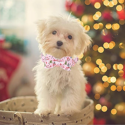 Christmas Dog Collar, Christmas Tree and Snowman Print Cute Winter Holiday Collars Cotton Adjustable Comfortable Pink Dog Collar with Bow,Stylish Collars for X-Small Girl Dogs
