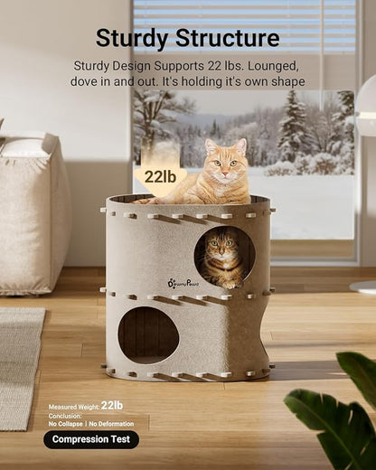 DownyPaws Cat House for Indoor Cats, 2-Storey Foldable Cat Bed Cave, Felt Cats Tunnel Bed Condo, Castle Kitten Cube Hideaway for Multicats, Scratch Resistant, Cream