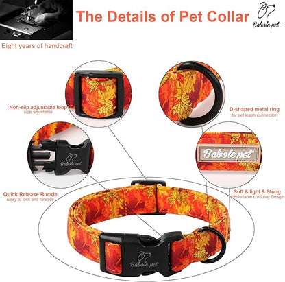 Fall Dog Collar, Gold Maple Leaves Pattern Fall Thansgiving Puppy Collar, Soft Adjustable Cotton Holiday Dog Collars for Small Medium Large Boy&Girl Dogs S